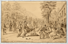 32699 Afbeelding van een feestvierende menigte in de Biltstraat te Utrecht op Pinkstermaandag 1864.